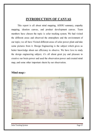Solar Tracking System Page 17
INTRODUCTION OF CANVAS
This report is all about mind mapping, AEIOU summary, empathy
mapping, ideation canvas, and product development canvas. Team
members have chosen the topic is solar tracking system. We had visited
the different areas and observed the atmosphere and the environment of
our topic; we all have Visited different areas of solar power plant and take
some pictures from it. Design Engineering is the subject which gives us
better knowledge about our efficiency to observe. We have love to study
the design engineering subject, it’s all about great joy and pleasure to
creative our brain power and used the observation power and created mind
map, and some other important sheets by our observation.
Mind map:-
 