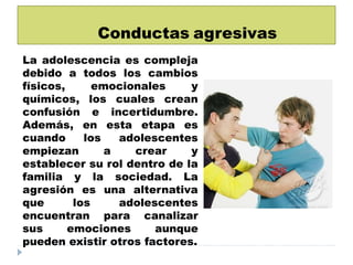 Conductas agresivas
La adolescencia es compleja
debido a todos los cambios
físicos, emocionales y
químicos, los cuales crean
confusión e incertidumbre.
Además, en esta etapa es
cuando los adolescentes
empiezan a crear y
establecer su rol dentro de la
familia y la sociedad. La
agresión es una alternativa
que los adolescentes
encuentran para canalizar
sus emociones aunque
pueden existir otros factores.
 