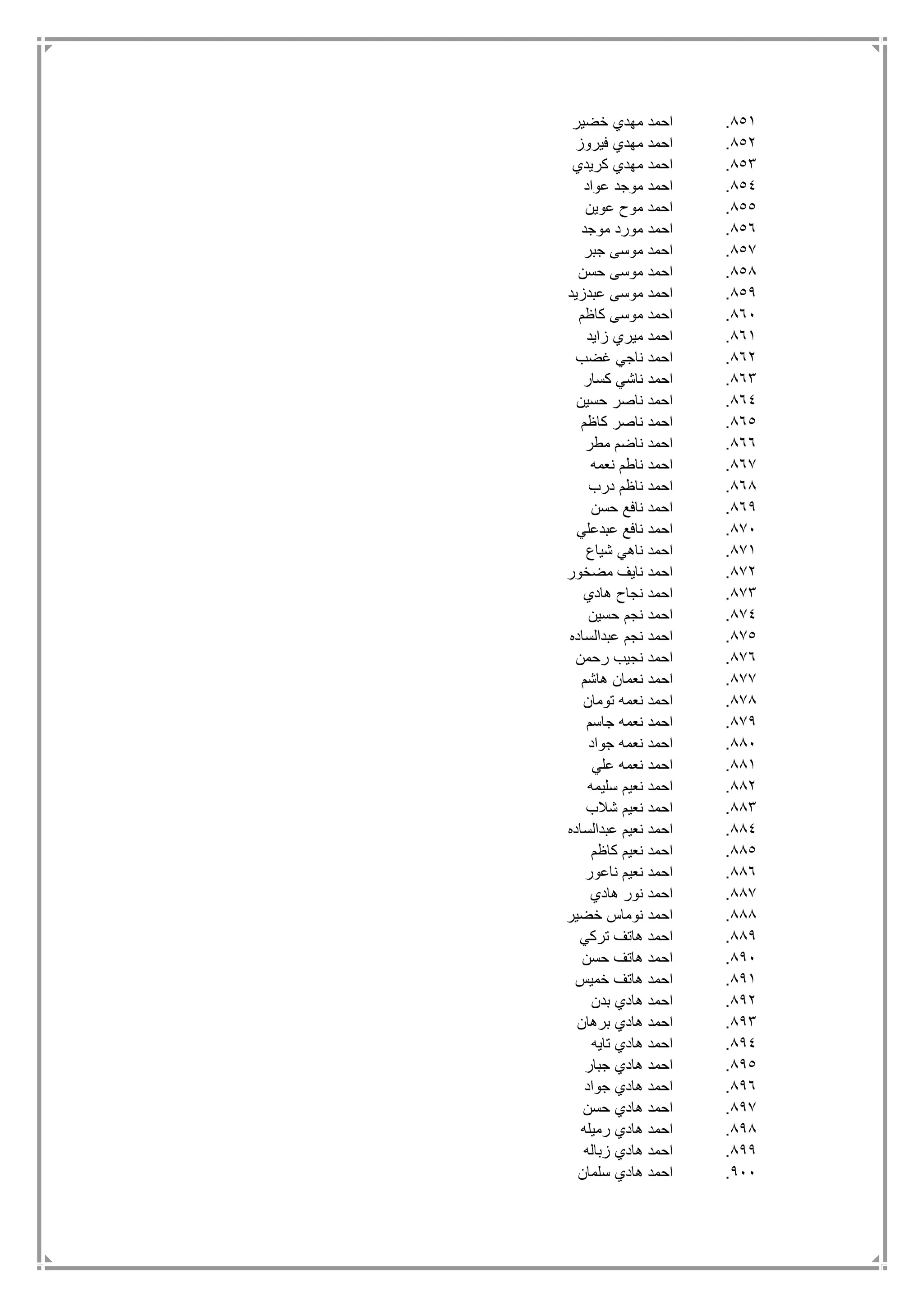 851.‫خضير‬ ‫مهدي‬ ‫احمد‬
852.‫فيروز‬ ‫مهدي‬ ‫احمد‬
853.‫كريدي‬ ‫مهدي‬ ‫احمد‬
854.‫عواد‬ ‫موجد‬ ‫احمد‬
855.‫عوين‬ ‫موح‬ ‫احمد‬
856.‫موجد‬ ‫مورد‬ ‫احمد‬
857.‫جبر‬ ‫موسى‬ ‫احمد‬
858.‫حسن‬ ‫موسى‬ ‫احمد‬
859.‫عبدزيد‬ ‫موسى‬ ‫احمد‬
861.‫كاظم‬ ‫موسى‬ ‫احمد‬
861.‫زايد‬ ‫ميري‬ ‫احمد‬
862.‫غضب‬ ‫ناجي‬ ‫احمد‬
863.‫كسار‬ ‫ناشي‬ ‫احمد‬
864.‫حسين‬ ‫ناصر‬ ‫احمد‬
865.‫كاظم‬ ‫ناصر‬ ‫احمد‬
866.‫مطر‬ ‫ناضم‬ ‫احمد‬
867.‫نعمه‬ ‫ناطم‬ ‫احمد‬
868.‫درب‬ ‫ناظم‬ ‫احمد‬
869.‫حسن‬ ‫نافع‬ ‫احمد‬
871.‫عبدعلي‬ ‫نافع‬ ‫احمد‬
871.‫شياع‬ ‫ناهي‬ ‫احمد‬
872.‫مضخور‬ ‫نايف‬ ‫احمد‬
873.‫هادي‬ ‫نجاح‬ ‫احمد‬
874.‫حسين‬ ‫نجم‬ ‫احمد‬
875.‫عبدالساده‬ ‫نجم‬ ‫احمد‬
876.‫رحمن‬ ‫نجيب‬ ‫احمد‬
877.‫هاشم‬ ‫نعمان‬ ‫احمد‬
878.‫تومان‬ ‫نعمه‬ ‫احمد‬
879.‫جاسم‬ ‫نعمه‬ ‫احمد‬
881.‫جواد‬ ‫نعمه‬ ‫احمد‬
881.‫علي‬ ‫نعمه‬ ‫احمد‬
882.‫سليمه‬ ‫نعيم‬ ‫احمد‬
883.‫شالب‬ ‫نعيم‬ ‫احمد‬
884.‫عبدالساده‬ ‫نعيم‬ ‫احمد‬
885.‫كاظم‬ ‫نعيم‬ ‫احمد‬
886.‫ناعور‬ ‫نعيم‬ ‫احمد‬
887.‫هادي‬ ‫نور‬ ‫احمد‬
888.‫خضير‬ ‫نوماس‬ ‫احمد‬
889.‫تركي‬ ‫هاتف‬ ‫احمد‬
891.‫حسن‬ ‫هاتف‬ ‫احمد‬
891.‫خميس‬ ‫هاتف‬ ‫احمد‬
892.‫بدن‬ ‫هادي‬ ‫احمد‬
893.‫هادي‬ ‫احمد‬‫برهان‬
894.‫تايه‬ ‫هادي‬ ‫احمد‬
895.‫جبار‬ ‫هادي‬ ‫احمد‬
896.‫جواد‬ ‫هادي‬ ‫احمد‬
897.‫حسن‬ ‫هادي‬ ‫احمد‬
898.‫رميله‬ ‫هادي‬ ‫احمد‬
899.‫زباله‬ ‫هادي‬ ‫احمد‬
911.‫سلمان‬ ‫هادي‬ ‫احمد‬
 