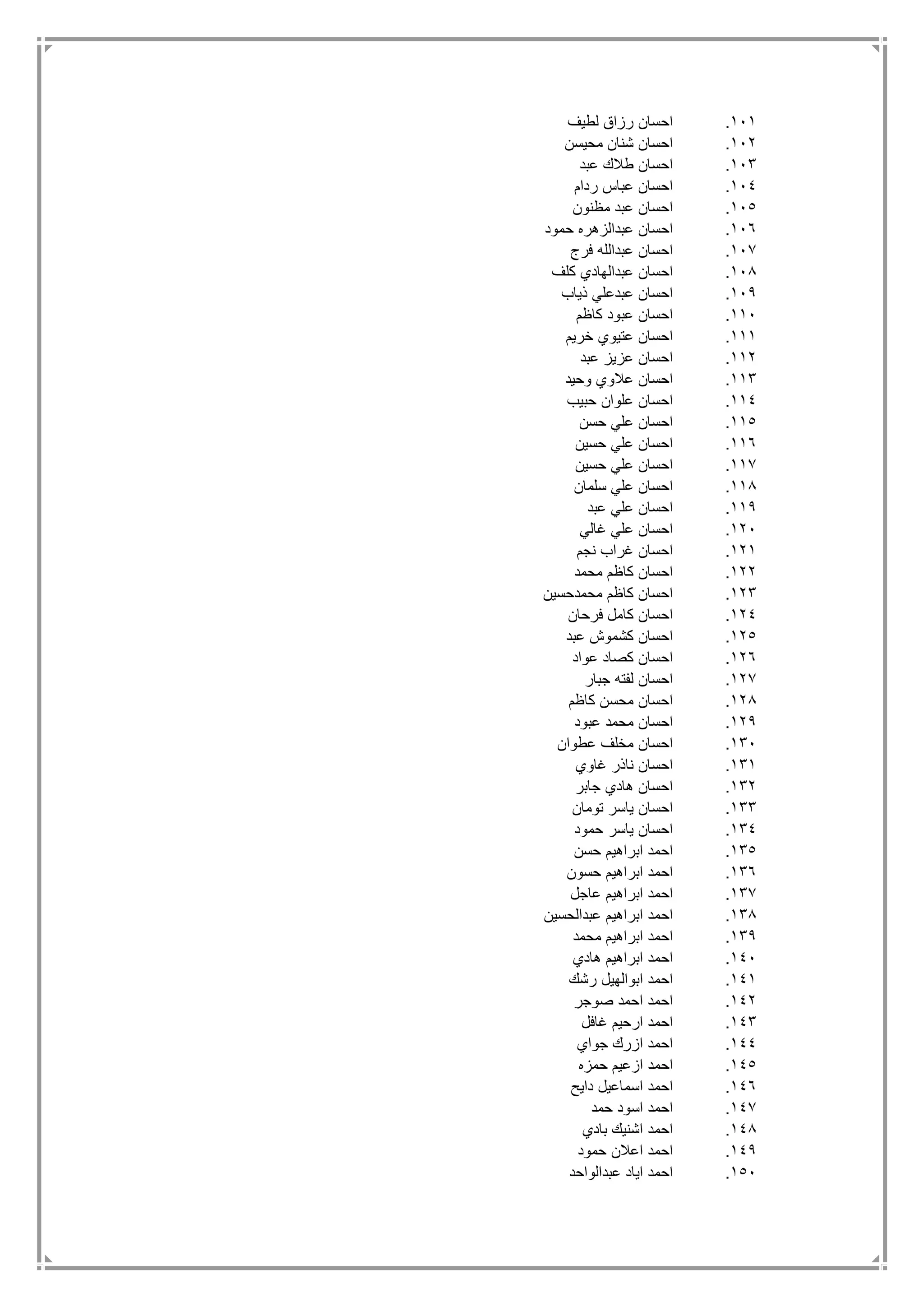 111.‫لطيف‬ ‫رزاق‬ ‫احسان‬
112.‫محيسن‬ ‫شنان‬ ‫احسان‬
113.‫عبد‬ ‫طالك‬ ‫احسان‬
114.‫ردام‬ ‫عباس‬ ‫احسان‬
115.‫مظنون‬ ‫عبد‬ ‫احسان‬
116.‫حمود‬ ‫عبدالزهره‬ ‫احسان‬
117.‫فرج‬ ‫عبدالله‬ ‫احسان‬
118.‫كلف‬ ‫عبدالهادي‬ ‫احسان‬
119.‫ذياب‬ ‫عبدعلي‬ ‫احسان‬
111.‫كاظم‬ ‫عبود‬ ‫احسان‬
111.‫خريم‬ ‫عتيوي‬ ‫احسان‬
112.‫عبد‬ ‫عزيز‬ ‫احسان‬
113.‫وحيد‬ ‫عالوي‬ ‫احسان‬
114.‫حبيب‬ ‫علوان‬ ‫احسان‬
115.‫حسن‬ ‫علي‬ ‫احسان‬
116.‫حسين‬ ‫علي‬ ‫احسان‬
117.‫حسين‬ ‫علي‬ ‫احسان‬
118.‫سلمان‬ ‫علي‬ ‫احسان‬
119.‫عبد‬ ‫علي‬ ‫احسان‬
121.‫غالي‬ ‫علي‬ ‫احسان‬
121.‫نجم‬ ‫غراب‬ ‫احسان‬
122.‫محمد‬ ‫كاظم‬ ‫احسان‬
123.‫محمدحسين‬ ‫كاظم‬ ‫احسان‬
124.‫فرحان‬ ‫كامل‬ ‫احسان‬
125.‫عبد‬ ‫كشموش‬ ‫احسان‬
126.‫عواد‬ ‫كصاد‬ ‫احسان‬
127.‫جبار‬ ‫لفته‬ ‫احسان‬
128.‫كاظم‬ ‫محسن‬ ‫احسان‬
129.‫عبود‬ ‫محمد‬ ‫احسان‬
131.‫عطوان‬ ‫مخلف‬ ‫احسان‬
131.‫غاوي‬ ‫ناذر‬ ‫احسان‬
132.‫جابر‬ ‫هادي‬ ‫احسان‬
133.‫تومان‬ ‫ياسر‬ ‫احسان‬
134.‫حمود‬ ‫ياسر‬ ‫احسان‬
135.‫حسن‬ ‫ابراهيم‬ ‫احمد‬
136.‫حسون‬ ‫ابراهيم‬ ‫احمد‬
137.‫ا‬ ‫احمد‬‫عاجل‬ ‫براهيم‬
138.‫عبدالحسين‬ ‫ابراهيم‬ ‫احمد‬
139.‫محمد‬ ‫ابراهيم‬ ‫احمد‬
141.‫هادي‬ ‫ابراهيم‬ ‫احمد‬
141.‫رشك‬ ‫ابوالهيل‬ ‫احمد‬
142.‫صوجر‬ ‫احمد‬ ‫احمد‬
143.‫غافل‬ ‫ارحيم‬ ‫احمد‬
144.‫جواي‬ ‫ازرك‬ ‫احمد‬
145.‫حمزه‬ ‫ازعيم‬ ‫احمد‬
146.‫دايح‬ ‫اسماعيل‬ ‫احمد‬
147.‫حمد‬ ‫اسود‬ ‫احمد‬
148.‫بادي‬ ‫اشنيك‬ ‫احمد‬
149.‫حمود‬ ‫اعالن‬ ‫احمد‬
151.‫عبدالواحد‬ ‫اياد‬ ‫احمد‬
 