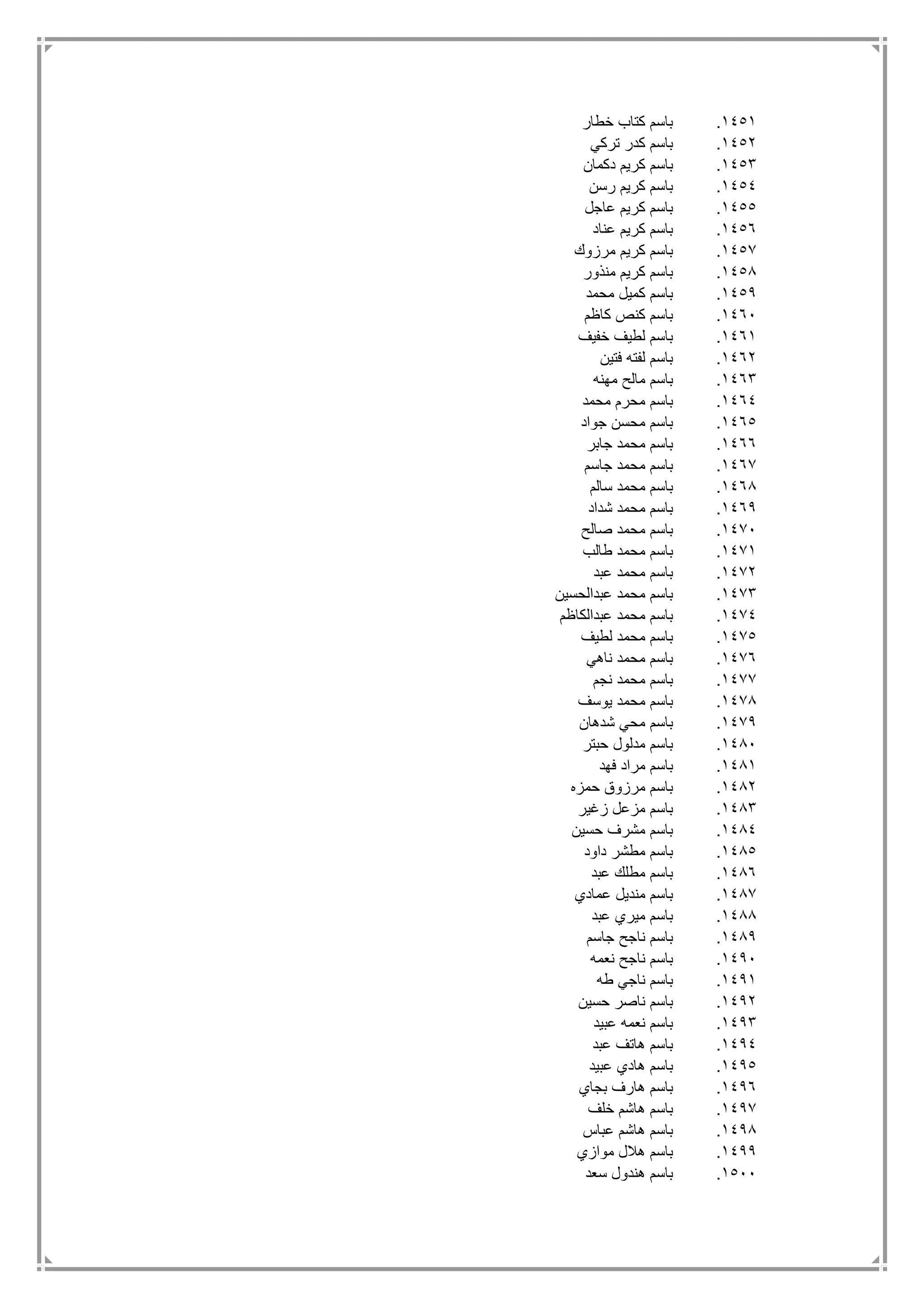 1451.‫خطار‬ ‫كتاب‬ ‫باسم‬
1452.‫تركي‬ ‫كدر‬ ‫باسم‬
1453.‫ب‬‫دكمان‬ ‫كريم‬ ‫اسم‬
1454.‫رسن‬ ‫كريم‬ ‫باسم‬
1455.‫عاجل‬ ‫كريم‬ ‫باسم‬
1456.‫عناد‬ ‫كريم‬ ‫باسم‬
1457.‫مرزوك‬ ‫كريم‬ ‫باسم‬
1458.‫منذور‬ ‫كريم‬ ‫باسم‬
1459.‫محمد‬ ‫كميل‬ ‫باسم‬
1461.‫كاظم‬ ‫كنص‬ ‫باسم‬
1461.‫خفيف‬ ‫لطيف‬ ‫باسم‬
1462.‫فتين‬ ‫لفته‬ ‫باسم‬
1463.‫مهنه‬ ‫مالح‬ ‫باسم‬
1464.‫محمد‬ ‫محرم‬ ‫باسم‬
1465.‫جواد‬ ‫محسن‬ ‫باسم‬
1466.‫جابر‬ ‫محمد‬ ‫باسم‬
1467.‫جاسم‬ ‫محمد‬ ‫باسم‬
1468.‫سالم‬ ‫محمد‬ ‫باسم‬
1469.‫شداد‬ ‫محمد‬ ‫باسم‬
1471.‫صالح‬ ‫محمد‬ ‫باسم‬
1471.‫طالب‬ ‫محمد‬ ‫باسم‬
1472.‫عبد‬ ‫محمد‬ ‫باسم‬
1473.‫عبدالحسين‬ ‫محمد‬ ‫باسم‬
1474.‫عبدالكاظم‬ ‫محمد‬ ‫باسم‬
1475.‫لطيف‬ ‫محمد‬ ‫باسم‬
1476.‫ناهي‬ ‫محمد‬ ‫باسم‬
1477.‫نجم‬ ‫محمد‬ ‫باسم‬
1478.‫يوسف‬ ‫محمد‬ ‫باسم‬
1479.‫شدهان‬ ‫محي‬ ‫باسم‬
1481.‫حبتر‬ ‫مدلول‬ ‫باسم‬
1481.‫فهد‬ ‫مراد‬ ‫باسم‬
1482.‫حمزه‬ ‫مرزوق‬ ‫باسم‬
1483.‫زغير‬ ‫مزعل‬ ‫باسم‬
1484.‫حسين‬ ‫مشرف‬ ‫باسم‬
1485.‫داود‬ ‫مطشر‬ ‫باسم‬
1486.‫مط‬ ‫باسم‬‫عبد‬ ‫لك‬
1487.‫عمادي‬ ‫منديل‬ ‫باسم‬
1488.‫عبد‬ ‫ميري‬ ‫باسم‬
1489.‫جاسم‬ ‫ناجح‬ ‫باسم‬
1491.‫نعمه‬ ‫ناجح‬ ‫باسم‬
1491.‫طه‬ ‫ناجي‬ ‫باسم‬
1492.‫حسين‬ ‫ناصر‬ ‫باسم‬
1493.‫عبيد‬ ‫نعمه‬ ‫باسم‬
1494.‫عبد‬ ‫هاتف‬ ‫باسم‬
1495.‫عبيد‬ ‫هادي‬ ‫باسم‬
1496.‫بجاي‬ ‫هارف‬ ‫باسم‬
1497.‫خلف‬ ‫هاشم‬ ‫باسم‬
1498.‫عباس‬ ‫هاشم‬ ‫باسم‬
1499.‫موازي‬ ‫هالل‬ ‫باسم‬
1511.‫سعد‬ ‫هندول‬ ‫باسم‬
 
