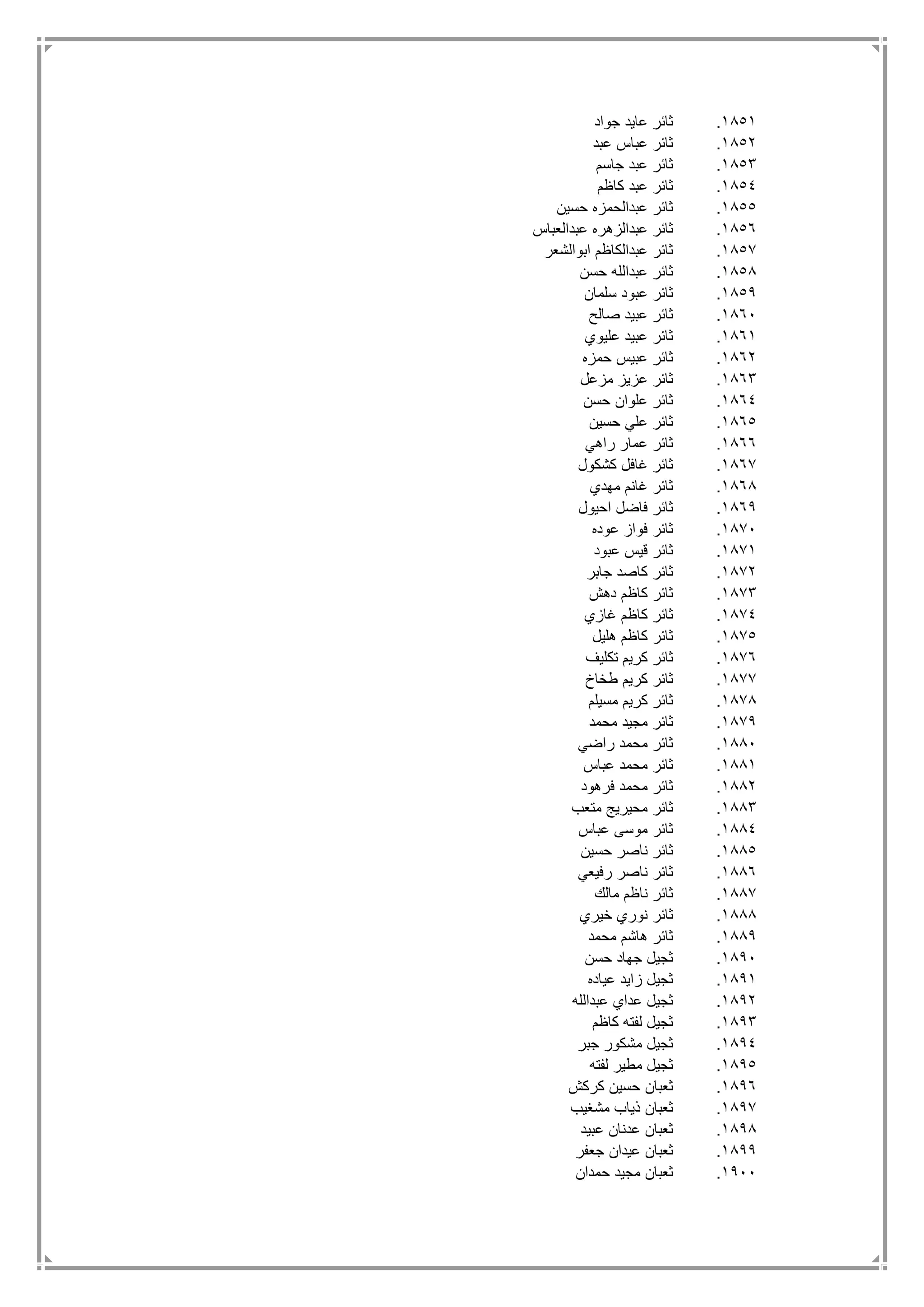 1851.‫جواد‬ ‫عايد‬ ‫ثائر‬
1852.‫عبد‬ ‫عباس‬ ‫ثائر‬
1853.‫جاسم‬ ‫عبد‬ ‫ثائر‬
1854.‫كاظم‬ ‫عبد‬ ‫ثائر‬
1855.‫حسين‬ ‫عبدالحمزه‬ ‫ثائر‬
1856.‫عبدالعباس‬ ‫عبدالزهره‬ ‫ثائر‬
1857.‫ابوالشعر‬ ‫عبدالكاظم‬ ‫ثائر‬
1858.‫حسن‬ ‫عبدالله‬ ‫ثائر‬
1859.‫سلمان‬ ‫عبود‬ ‫ثائر‬
1861.‫صالح‬ ‫عبيد‬ ‫ثائر‬
1861.‫عليوي‬ ‫عبيد‬ ‫ثائر‬
1862.‫حمزه‬ ‫عبيس‬ ‫ثائر‬
1863.‫مزعل‬ ‫عزيز‬ ‫ثائر‬
1864.‫حسن‬ ‫علوان‬ ‫ثائر‬
1865.‫حسين‬ ‫علي‬ ‫ثائر‬
1866.‫راهي‬ ‫عمار‬ ‫ثائر‬
1867.‫كشكول‬ ‫غافل‬ ‫ثائر‬
1868.‫مهدي‬ ‫غانم‬ ‫ثائر‬
1869.‫احيول‬ ‫فاضل‬ ‫ثائر‬
1871.‫عوده‬ ‫فواز‬ ‫ثائر‬
1871.‫عبود‬ ‫قيس‬ ‫ثائر‬
1872.‫جابر‬ ‫كاصد‬ ‫ثائر‬
1873.‫دهش‬ ‫كاظم‬ ‫ثائر‬
1874.‫غازي‬ ‫كاظم‬ ‫ثائر‬
1875.‫هليل‬ ‫كاظم‬ ‫ثائر‬
1876.‫تكليف‬ ‫كريم‬ ‫ثائر‬
1877.‫طخاخ‬ ‫كريم‬ ‫ثائر‬
1878.‫مسيلم‬ ‫كريم‬ ‫ثائر‬
1879.‫محمد‬ ‫مجيد‬ ‫ثائر‬
1881.‫راضي‬ ‫محمد‬ ‫ثائر‬
1881.‫عباس‬ ‫محمد‬ ‫ثائر‬
1882.‫فرهود‬ ‫محمد‬ ‫ثائر‬
1883.‫متعب‬ ‫محيريج‬ ‫ثائر‬
1884.‫عباس‬ ‫موسى‬ ‫ثائر‬
1885.‫حسين‬ ‫ناصر‬ ‫ثائر‬
1886.‫رفيعي‬ ‫ناصر‬ ‫ثائر‬
1887.‫مالك‬ ‫ناظم‬ ‫ثائر‬
1888.‫خيري‬ ‫نوري‬ ‫ثائر‬
1889.‫محمد‬ ‫هاشم‬ ‫ثائر‬
1891.‫حسن‬ ‫جهاد‬ ‫ثجيل‬
1891.‫عياده‬ ‫زايد‬ ‫ثجيل‬
1892.‫عبدالله‬ ‫عداي‬ ‫ثجيل‬
1893.‫كاظم‬ ‫لفته‬ ‫ثجيل‬
1894.‫جبر‬ ‫مشكور‬ ‫ثجيل‬
1895.‫لفته‬ ‫مطير‬ ‫ثجيل‬
1896.‫حسي‬ ‫ثعبان‬‫كركش‬ ‫ن‬
1897.‫مشغيب‬ ‫ذياب‬ ‫ثعبان‬
1898.‫عبيد‬ ‫عدنان‬ ‫ثعبان‬
1899.‫جعفر‬ ‫عيدان‬ ‫ثعبان‬
1911.‫حمدان‬ ‫مجيد‬ ‫ثعبان‬
 