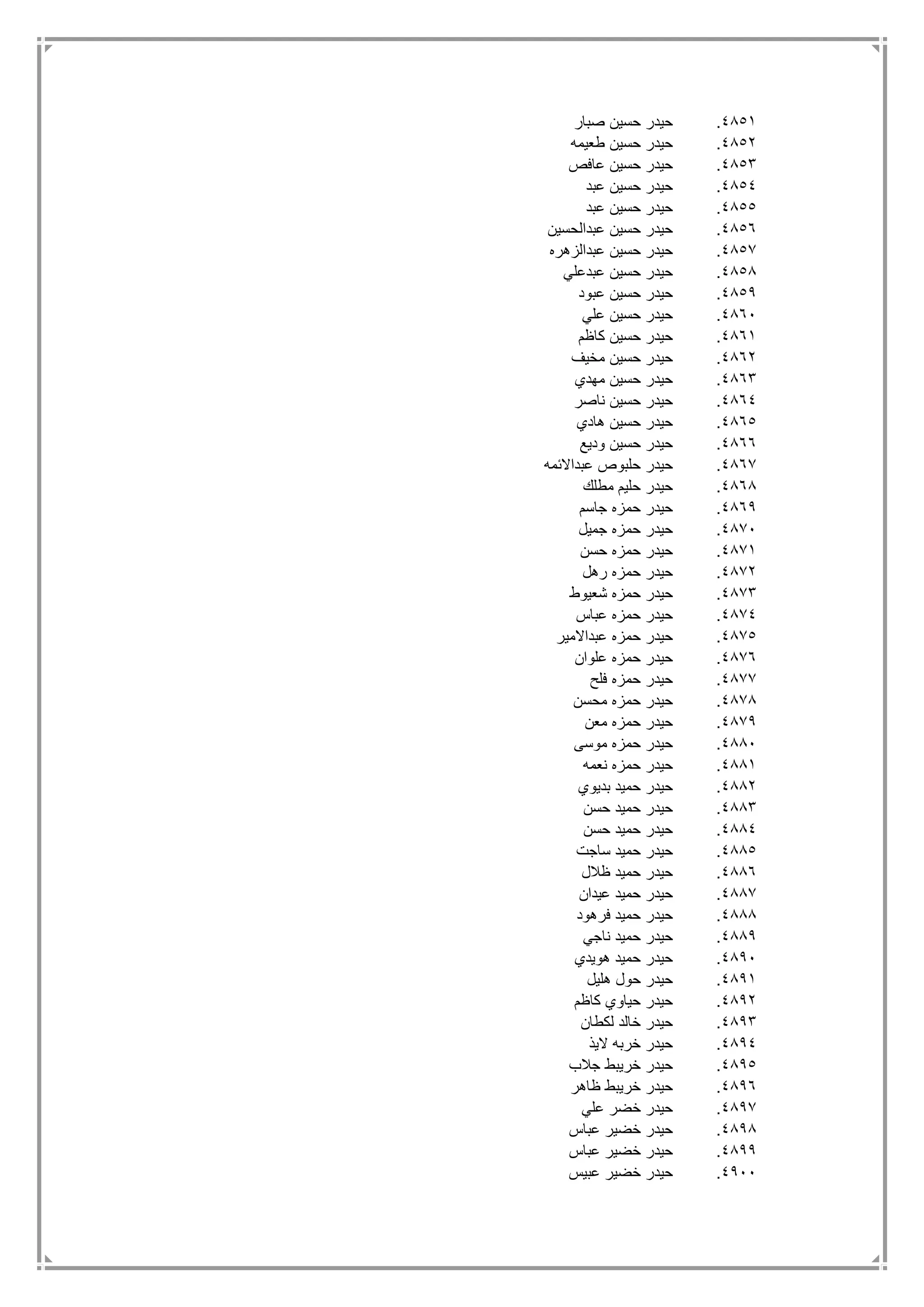 4851.‫صبار‬ ‫حسين‬ ‫حيدر‬
4852.‫طعيمه‬ ‫حسين‬ ‫حيدر‬
4853.‫عافص‬ ‫حسين‬ ‫حيدر‬
4854.‫عبد‬ ‫حسين‬ ‫حيدر‬
4855.‫عبد‬ ‫حسين‬ ‫حيدر‬
4856.‫عبدالحسين‬ ‫حسين‬ ‫حيدر‬
4857.‫عبدالزهره‬ ‫حسين‬ ‫حيدر‬
4858.‫عبدعلي‬ ‫حسين‬ ‫حيدر‬
4859.‫عبود‬ ‫حسين‬ ‫حيدر‬
4861.‫علي‬ ‫حسين‬ ‫حيدر‬
4861.‫كاظم‬ ‫حسين‬ ‫حيدر‬
4862.‫مخيف‬ ‫حسين‬ ‫حيدر‬
4863.‫مهدي‬ ‫حسين‬ ‫حيدر‬
4864.‫ناصر‬ ‫حسين‬ ‫حيدر‬
4865.‫هادي‬ ‫حسين‬ ‫حيدر‬
4866.‫وديع‬ ‫حسين‬ ‫حيدر‬
4867.‫عبداالئمه‬ ‫حلبوص‬ ‫حيدر‬
4868.‫مطلك‬ ‫حليم‬ ‫حيدر‬
4869.‫جاسم‬ ‫حمزه‬ ‫حيدر‬
4871.‫جميل‬ ‫حمزه‬ ‫حيدر‬
4871.‫حسن‬ ‫حمزه‬ ‫حيدر‬
4872.‫رهل‬ ‫حمزه‬ ‫حيدر‬
4873.‫شعيوط‬ ‫حمزه‬ ‫حيدر‬
4874.‫عباس‬ ‫حمزه‬ ‫حيدر‬
4875.‫عبداالمير‬ ‫حمزه‬ ‫حيدر‬
4876.‫علوان‬ ‫حمزه‬ ‫حيدر‬
4877.‫فلح‬ ‫حمزه‬ ‫حيدر‬
4878.‫محسن‬ ‫حمزه‬ ‫حيدر‬
4879.‫معن‬ ‫حمزه‬ ‫حيدر‬
4881.‫موسى‬ ‫حمزه‬ ‫حيدر‬
4881.‫نعمه‬ ‫حمزه‬ ‫حيدر‬
4882.‫بديوي‬ ‫حميد‬ ‫حيدر‬
4883.‫حسن‬ ‫حميد‬ ‫حيدر‬
4884.‫حسن‬ ‫حميد‬ ‫حيدر‬
4885.‫ساجت‬ ‫حميد‬ ‫حيدر‬
4886.‫ظالل‬ ‫حميد‬ ‫حيدر‬
4887.‫عيدان‬ ‫حميد‬ ‫حيدر‬
4888.‫فرهود‬ ‫حميد‬ ‫حيدر‬
4889.‫ناجي‬ ‫حميد‬ ‫حيدر‬
4891.‫هويدي‬ ‫حميد‬ ‫حيدر‬
4891.‫هليل‬ ‫حول‬ ‫حيدر‬
4892.‫كاظم‬ ‫حياوي‬ ‫حيدر‬
4893.‫لكطان‬ ‫خالد‬ ‫حيدر‬
4894.‫اليذ‬ ‫خربه‬ ‫حيدر‬
4895.‫جالب‬ ‫خريبط‬ ‫حيدر‬
4896.‫ظاهر‬ ‫خريبط‬ ‫حيدر‬
4897.‫علي‬ ‫خضر‬ ‫حيدر‬
4898.‫عبا‬ ‫خضير‬ ‫حيدر‬‫س‬
4899.‫عباس‬ ‫خضير‬ ‫حيدر‬
4911.‫عبيس‬ ‫خضير‬ ‫حيدر‬
 