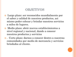 OBJETIVOS
 Largo plazo: ser reconocidos mundialmente por
el sabor y calidad de nuestros productos, asi
mismo poder colocar y brindar nuestros servicios
a miles de lugares.
 Medio plazo: abrir nuevos establecimientos a
nivel regional y nacional, dando a conocer
nuestros productos y servicios
 . Corto plazo: darnos a conocer dentro a nuestras
comunidades por medio de mercancía y servicios
brindados al cliente.
 