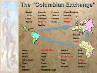 The “Columbian Exchange” Squash  Avocado Peppers Sweet Potatoes Turkey Pumpkin Tobacco Quinine Cocoa Pineapple Cassava POTATO Peanut TOMATO Vanilla MAIZE Syphilis Olive COFFEE BEAN Banana Rice Onion Turnip Honeybee Barley Grape Peach SUGAR CANE Oats Citrus Fruits Pear Wheat HORSE Cattle Sheep Pigs Smallpox Flu Typhus Measles Malaria Diptheria Whooping Cough Trinkets Liquor GUNS 