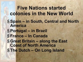 Five Nations started colonies in the New World Spain – in South, Central and North America Portugal – in Brazil France – In Canada  Great Britain – along the East Coast of North America The Dutch – On Long Island   