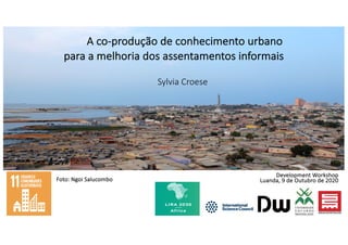 A co-produção de conhecimento urbano
para a melhoria dos assentamentos informais
Sylvia Croese
Development Workshop
Luanda, 9 de Outubro de 2020Foto: Ngoi Salucombo
 