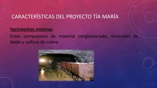 CARACTERÍSTICAS DEL PROYECTO TÍA MARÍA
Yacimientos mineros:
Están compuestos de material conglomerado, minerales de
óxido y sulfuro de cobre.
 