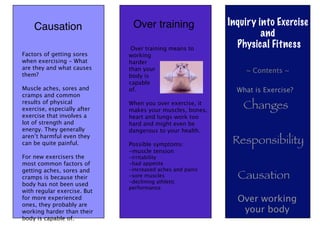 Causation                 Over training               Inquiry into Exercise
                                                                   and
                              Over training means to
                                                            Physical Fitness
Factors of getting sores     working
when exercising - What       harder
are they and what causes     than your                        ~ Contents ~
them?                        body is
                             capable
Muscle aches, sores and      of.                            What is Exercise?
cramps and common
results of physical
exercise, especially after
                             When you over exercise, it
                             makes your muscles, bones,
                                                              Changes
exercise that involves a     heart and lungs work too
lot of strength and          hard and might even be
energy. They generally       dangerous to your health.
aren’t harmful even they
can be quite painful.        Possible symptoms:            Responsibility
                             -muscle tension
For new exercisers the       -irritability
most common factors of       -bad appetite
getting aches, sores and     -increased aches and pains
cramps is because their      -sore muscles
                             -declining athletic
                                                            Causation
body has not been used
                             performance
with regular exercise. But
for more experienced                                        Over working
ones, they probably are
working harder than their                                    your body
body is capable of.
 