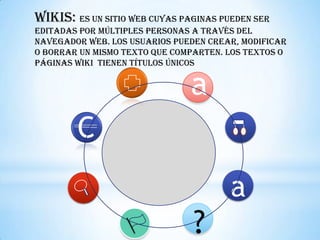 WIKIS: es un SITIO WEB cuyas PAGINAS pueden ser
editadas por múltiples PERSONAS a través del
NAVEGADOR WEB. Los USUARIOS pueden crear, modificar
o borrar un mismo texto que comparten. Los textos o
páginas wiki tienen títulos únicos


                               a
        C

                                       a
                                ?
 