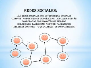 REDES SOCIALES:
    Las redes sociales son ESTRUCTURAS SOCIALES
compuestas POR grupos de personas, las cuales están
        conectadas por uno o varios tipos de
     relaciones, tales como AMISTAD, PARENTESCO
 intereses comunes o que comparten conocimientos.
 