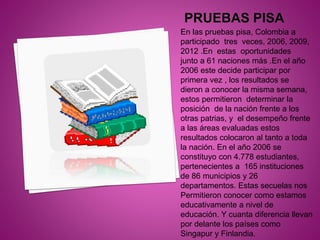 En las pruebas pisa, Colombia a
participado tres veces, 2006, 2009,
2012 .En estas oportunidades
junto a 61 naciones más ....