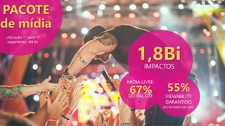 PACOTE
de mídia
utilização 1° sem/17
pagamento: até 6x
VIEWABILITY
GARANTIDO
55%
em formatos de cpm
67%
MÍDIA LIVRE:
DO PACOTE
1,8BiIMPACTOS
 