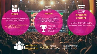 vídeo native
audience
extension
PERFIS
IN-TARGET
MAIOR PLATAFORMA PREMIUM
DE VÍDEOS DO BRASIL
+50%COMPLETION
RATE
MELHOR PLATAFORMA
NATIVE DO PAÍS
PRÊMIO
AFILIADOS
BRASIL
+200 + PROGRAMÁTICA
EM ESCALA
branded
content
O MELHOR CONTEÚDO,
TAMBÉM PARA SUA MARCA
 