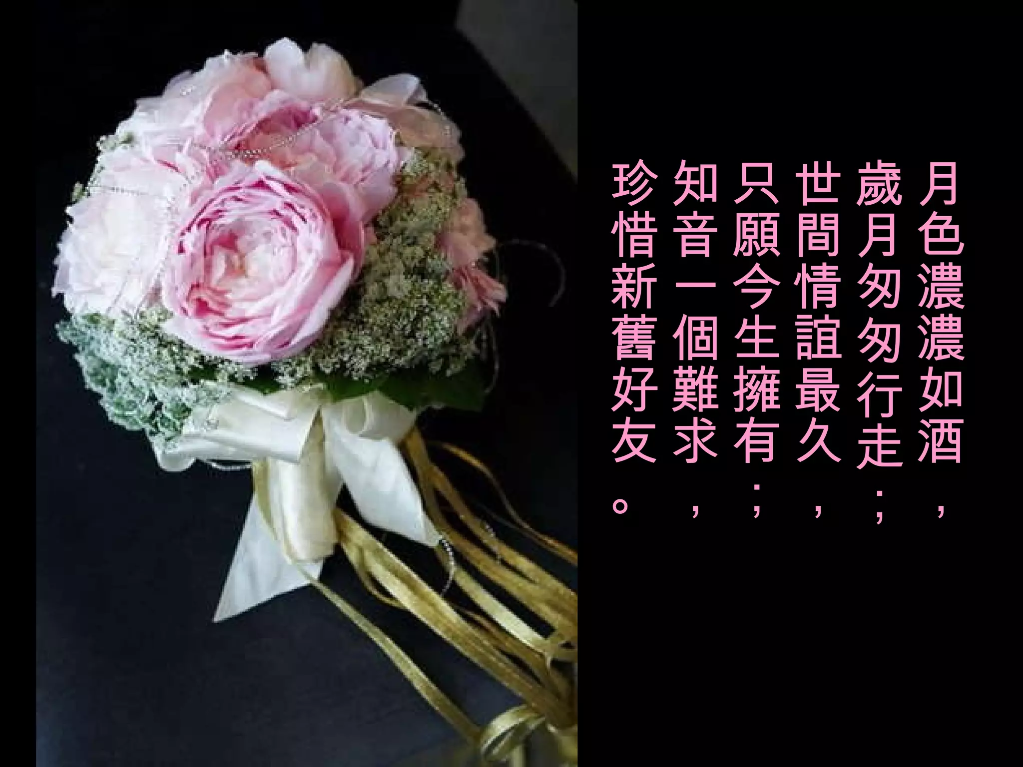 月色濃濃如酒， 歲月匆匆行走； 世間情誼最久， 只願今生擁有； 知音一個難求， 珍惜新舊好友。 