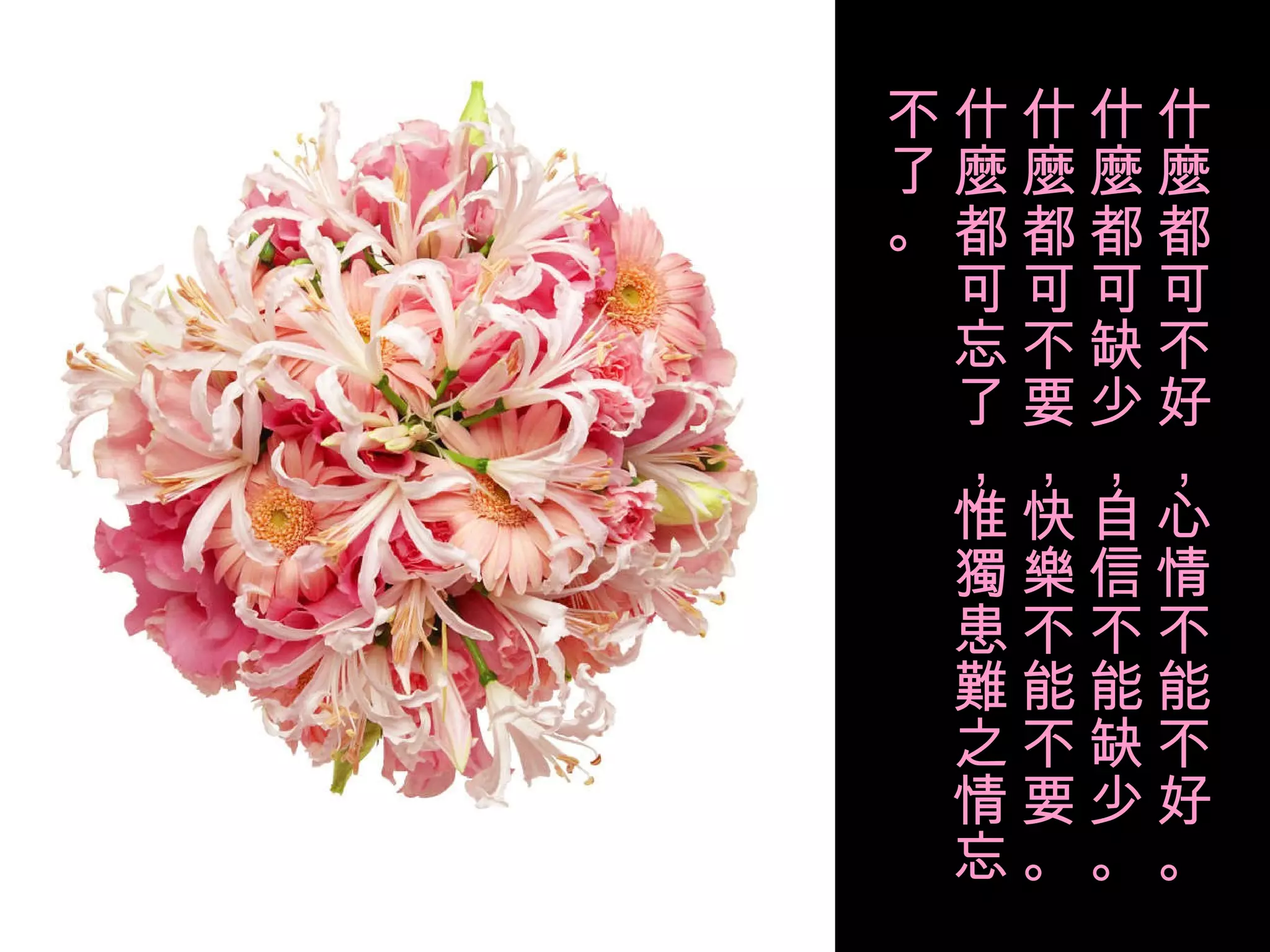 什麼都可不好，心情不能不好。什麼都可缺少，自信不能缺少。什麼都可不要，快樂不能不要。什麼都可忘了，惟獨患難之情忘不了。 