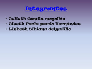 Integrantes
• Julieth Camila mogollón
• Jiseth Paola pardo Hernández
• Lizbeth Bibiana delgadillo
 