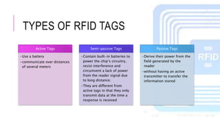 TYPES OF RFID TAGS
Active Tags
•Use a battery
•communicate over distances
of several meters
Semi-passive Tags
•Contain built-in batteries to
power the chip’s circuitry,
resist interference and
circumvent a lack of power
from the reader signal due
to long distance.
•They are different from
active tags in that they only
transmit data at the time a
response is received
Passive Tags
•Derive their power from the
field generated by the
reader
•without having an active
transmitter to transfer the
information stored
 
