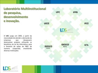 O LDS surgiu em 2005, a partir da
necessidade de atender a demanda de
empresas que desejassem
desenvolver projetos utilizando os
benefícios da Lei de Informática, para
o fomento de ações de P&D, de
maneira cooperada, envolvendo
diversas instituições:
Laboratório Multiinstitucional
de pesquisa,
desenvolvimento
e inovação.
IFCE
IFPBUFC
IDESCO
UECE
ICTsIDESCO
Bahia
Ceará
 