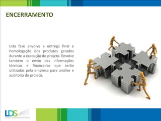 ENCERRAMENTO
Esta fase envolve a entrega final e
homologação dos produtos gerados
durante a execução do projeto. Envolve
também o envio das informações
técnicas e financeiras que serão
utilizadas pela empresa para análise e
auditoria do projeto.
 