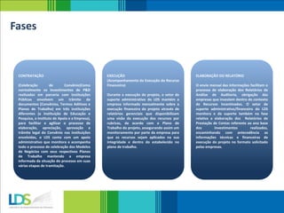 CONTRATAÇÃO
(Celebração de Convênio)Como
normalmente os investimentos de P&D
realizados em parceria com Instituições
Públicas envolvem um trâmite de
documentos (Convênios, Termos Aditivos e
Planos de Trabalho) em três instituições
diferentes (a Instituição de Educação e
Pesquisa, o Instituto de Apoio e a Empresa),
para facilitar e agilizar o processo de
elaboração, apreciação, aprovação e
trâmite legal do Convênio nas instituições
envolvidas, o LDS conta com um apoio
administrativo que monitora e acompanha
todo o processo de celebração dos Modelos
de Negócios com seus respectivos Planos
de Trabalho mantendo a empresa
informada da situação do processo em suas
várias etapas de tramitação.
Fases
EXECUÇÃO
(Acompanhamento da Execução do Recurso
Financeiro)
Durante a execução do projeto, o setor de
suporte administrativo do LDS mantém a
empresa informada mensalmente sobre a
execução financeira do projeto através de
relatórios gerenciais que disponibilizam
uma visão da execução dos recursos por
rubricas, de acordo com o Plano de
Trabalho do projeto, assegurando assim um
monitoramento por parte da empresa para
que os recursos sejam aplicados na sua
integridade e dentro do estabelecido no
plano de trabalho.
ELABORAÇÃO DO RELATÓRIO
O envio mensal das informações facilitam o
processo de elaboração dos Relatórios de
Análise de Auditoria, obrigação das
empresas que investem dentro do contexto
de Recursos Incentivados. O setor de
suporte administrativo/financeiro do LDS
monitora e da suporte também na fase
relativa a elaboração dos Relatórios de
Prestação de Contas referente ao ano base
dos investimentos realizados,
encaminhando com antecedência as
informações técnicas e financeiras de
execução do projeto no formato solicitado
pelas empresas.
 
