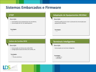 CTOP
Descrição:
• Controladores para equipamentos de consultórios;
• Comunicação sem fio, via radiofrequência.
Adaptação de Equipamentos MCANet
Descrição:
•Interface gráfica touch screen e protocolo de comunicação para
equipamentos MCAnet.
Tecnologias:
Leitora de Cartões RFID
Descrição:
• Comunicação com leitoras de cartões RFID;
• Configuração de placas de leitura de cartões, etc.
Terminais Inteligentes
Descrição:
Comunicação com terminais inteligentes.
Sistemas Embarcados e Firmware
• C
Tecnologias:
• C
Tecnologias:
• C;
• Circuitos eletrônicos.
Tecnologias:
• Linguagem C;
• IDE uVision.
 