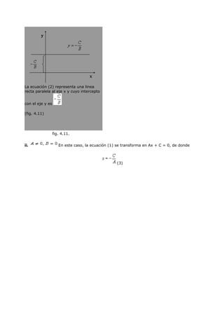 La ecuación (2) representa una linea
recta paralela al eje x y cuyo intercepto


con el eje y es

(fig. 4.11)




                  fig. 4.11.


ii.                  En este caso, la ecuación (1) se transforma en Ax + C = 0, de donde



                                                  (3)
 