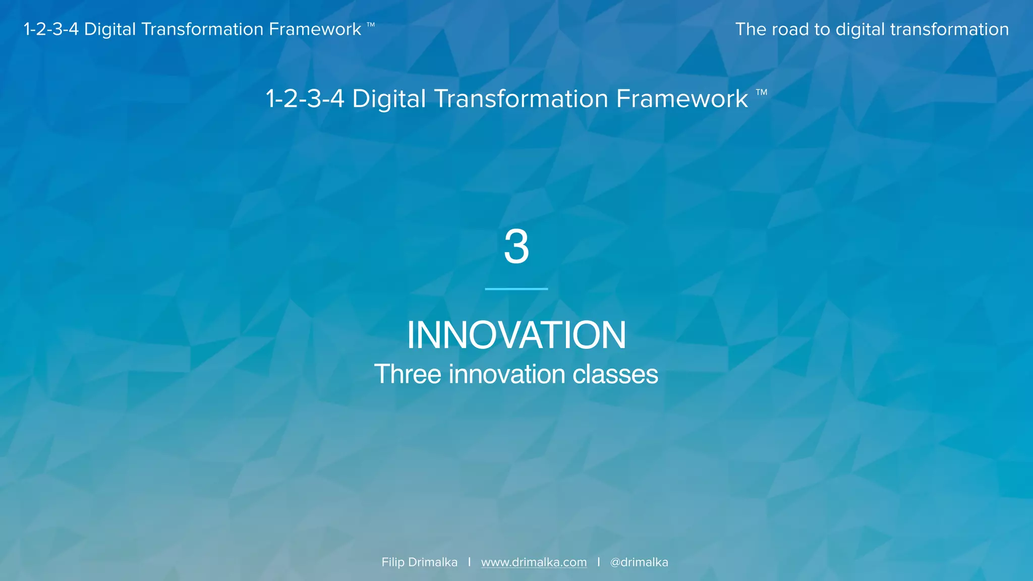 The road to digital transformation
Filip Drimalka I www.drimalka.com I @drimalka
1-2-3-4 Digital Transformation Framework ™
INNOVATION
Three innovation classes
3
1-2-3-4 Digital Transformation Framework ™
 