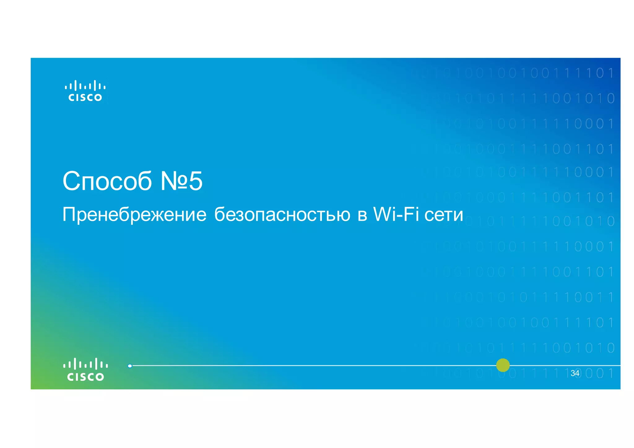 Способ №5
34
Пренебрежение безопасностью в Wi-Fi сети
 