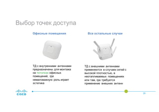 Выбор точек доступа
29
ТД с внутренними антеннами
предназначены для монтажа
на потолках офисных
помещений, где
немаловажную роль играет
эстетика
ТД с внешними антеннами
применяются в случаях сетей с
высокой плотностью, в
неотапливаемых помещениях
или там, где требуется
применение внешних антенн
Офисные помещения Все остальные случаи
 