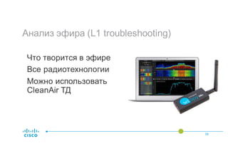 Анализ эфира (L1 troubleshooting)
58
Что творится в эфире
Все радиотехнологии
Можно использовать
CleanAir ТД
 