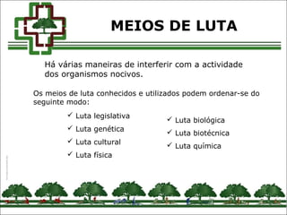 MEIOS DE LUTA
Há várias maneiras de interferir com a actividade
dos organismos nocivos.
Os meios de luta conhecidos e utilizados podem ordenar-se do
seguinte modo:
 Luta legislativa
 Luta genética
 Luta cultural
 Luta física
 Luta biológica
 Luta biotécnica
 Luta química
 