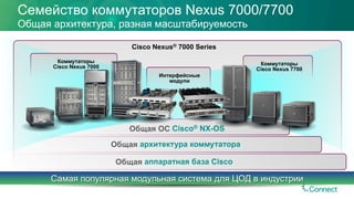 Семейство коммутаторов Nexus 7000/7700
Общая архитектура, разная масштабируемость
Интерфейсные
модули
Коммутаторы
Cisco Nexus 7700
Cisco Nexus® 7000 Series
Самая популярная модульная система для ЦОД в индустрии
Коммутаторы
Cisco Nexus 7000
Общая ОС
Общая
Общая
 