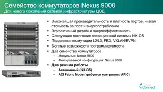 §  Высочайшая производительность и плотность портов, низкая
стоимость за порт и энергопотребление
§  Эффективный дизайн и энергоэффективность
§  Следующее поколение операционной системы NX-OS
§  Поддержка коммутации L2/L3, FEX, VXLAN/EVPN
§  Богатые возможности программируемости
§  Два семейства коммутаторов
-  Модульные: Nexus 9500
-  Фиксированной конфигурации: Nexus 9300
§  Два режима работы
-  Автономный (NX-OS)
-  ACI Fabric Mode (требуется контроллер APIC)
Семейство коммутаторов Nexus 9000
Для нового поколения сетевой инфраструктуры ЦОД
 