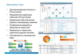 Мониторинг сети

•   Централизованная консоль в
    Prime Central
•   Междоменная кореляция
    событий в Prime Central
•   Корреляция событий внутри
    домена в менеджерах доменов
•   Отображение аварийных
    объектов на карте сети
•   Возможность пересылки
    событий на другие системы
•   Поставляется в настроенном
    виде
                  Design Fulfill Assure Analyze

                                 N
    Performance                  B                Provisioning
                                 I
                          Central
      Network                                         Optical
 