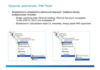 Средства диагностики - Path Tracer

•   Возможность определить реальный маршрут трафика между
    выбранными точками:
    –   Bridge, switching entity, Ethernet interface, Ethernet flow point, интерфейс
        VLAN, ATM VC, DLCI, или интерфейс IP
    –   Возможность трассировки через L2, например, между двумя МАС адресами
 
