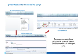 Проектирование и настройка услуг

   Выбор политики (услуги)




                                             Состояние услуг

                    Выбор параметров



                                          Возможность выбора
                                        устройств для настройки
                                       непосредственно на карте
                                                  сети
 