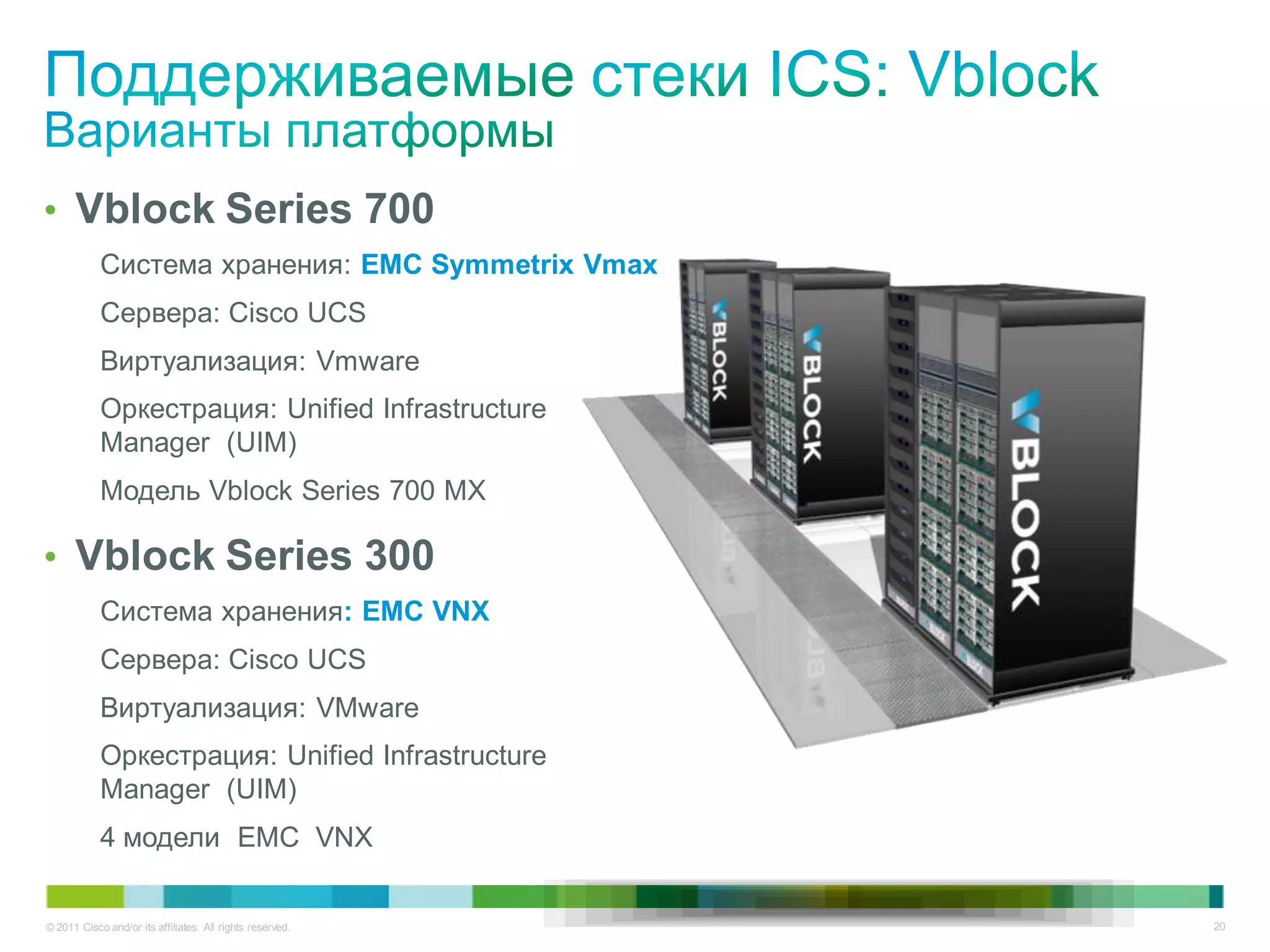 • Vblock Series 700
            Система хранения: EMC Symmetrix Vmax
            Сервера: Cisco UCS
            Виртуализация: Vmware
            Оркестрация: Unified Infrastructure
            Manager (UIM)
            Модель Vblock Series 700 MX

• Vblock Series 300
            Система хранения: EMC VNX
            Сервера: Cisco UCS
            Виртуализация: VMware
            Оркестрация: Unified Infrastructure
            Manager (UIM)
            4 модели EMC VNX


© 2011 Cisco and/or its affiliates. All rights reserved.   20
 