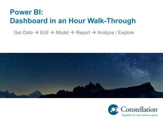 Power BI:
Dashboard in an Hour Walk-Through
Get Data  Edit  Model  Report  Analyze / Explore
 