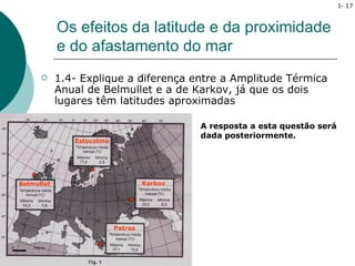 I- 17



            Os efeitos da latitude e da proximidade
            e do afastamento do mar
           1.4- Explique a diferença entre a Amplitude Térmica
            Anual de Belmullet e a de Karkov, já que os dois
            lugares têm latitudes aproximadas

                                             A resposta a esta questão será
                                             dada posteriormente.
               Estocolmo




Belmullet                           Karkov




                           Patras
 
