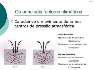 I- 33




    Os principais factores climáticos
   Caracterize o movimento do ar nos
    centros de pressão atmosférica

                         Altas Pressões
                         Movimento do ar na vertical
                                  -Descendente
                         Movimento do ar na horizontal
                                  -Divergente


                         Baixas Pressões
    A            B       Movimento do ar na vertical
                                  -Ascendente
                         Movimento do ar na horizontal
                                  -Convergente
 