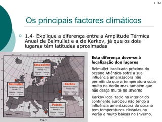 I- 42




            Os principais factores climáticos
           1.4- Explique a diferença entre a Amplitude Térmica
            Anual de Belmullet e a de Karkov, já que os dois
            lugares têm latitudes aproximadas

                                             Esta diferença deve-se à
                                             localização dos lugares
               Estocolmo
                                             Belmullet localizado próximo do
                                             oceano Atlântico sofre a sua
                                             influência amenizadora não
                                             permitindo que a temperatura suba
Belmullet                           Karkov
                                             muito no Verão mas também que
                                             não desça muito no Inverno
                                             Karkov localizado no interior do
                                             continente europeu não tendo a
                           Patras            influência amenizadora do oceano
                                             tem temperaturas elevadas no
                                             Verão e muito baixas no Inverno.
 