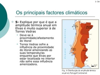 I- 54




    Os principais factores climáticos
   5- Explique por que é que a
    amplitude térmica anual em
    Elvas é muito superior à de
    Torres Vedras
       Deve-se à
        proximidade/afastamento
        do litoral
       Torres Vedras sofre a
        influência da proximidade
        do litoral amenizando as
        suas temperaturas
        enquanto que Elvas por
        estar localizada no interior
        não sofre essa influência
        amenizadora.
 