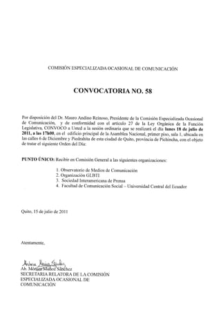 Convocatoria No. 58 Comisión Ocasional de Comunicación 