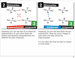 Hopefully, you can see that all of these are
diastereomers of each other (both the
relative and absolute stereochemistry are
different for each molecule).
Hopefully, you can see that these two are
enantiomers. They are mirror images of
each other and they cannot be
superimposed.
It is the other two that we have to inspect
in more detail …
27
 