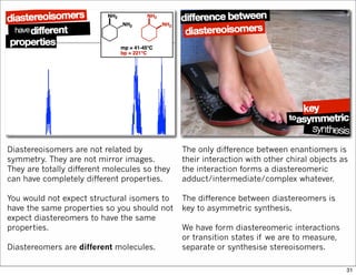 Diastereoisomers are not related by
symmetry. They are not mirror images.
They are totally different molecules so they
can have completely different properties.
You would not expect structural isomers to
have the same properties so you should not
expect diastereomers to have the same
properties.
Diastereomers are different molecules.
The only difference between enantiomers is
their interaction with other chiral objects as
the interaction forms a diastereomeric
adduct/intermediate/complex whatever.
The difference between diastereomers is
key to asymmetric synthesis.
We have form diastereomeric interactions
or transition states if we are to measure,
separate or synthesise stereoisomers.
31
 