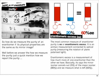 So how do we measure the purity of an
enantiomer if its physical properties are
the same as its mirror image?
Well before we answer the how we measure
the purity just a quick mention how we
report the purity …
The most common measure of enantiomer
purity is ee or enantiomeric excess. It is an
archaic measurement connected to optical
purity (measuring the rotation of plane
polarised light).
Enantiomeric excess is a measurement of
how much more of one enantiomer than the
other we have. Basically, its says the minor
isomer cancels out 20% of the major isomer
(80%) and we measure what is left (60%).
32
 