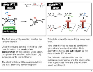 The first step of the reaction creates the
lithium enolate.
Once the double bond is formed we then
have to look at the most stable
conformation of the enolate. Once again,
this places the smallest substituent (H)
synperiplanar to the C=C bond.
The electrophile will then approach from
the least sterically demanding face.
This slide shows the same thing in cartoon
form.
Note that there is no need to control the
geometry of enolate formation. Both
geometries have a cis-substituent so will
demonstrate A1,3 strain.
The favoured conformation has the
hydrogen synperiplanar and the electrophile
then approaches from the side with the
small substituent.
8
 