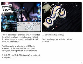 ... so what is happening?
Well as always we will start with a
cartoon ...
This is the classic example that kickstarted
the chiral catalysis revolution and helped
Knowles snag a share of the 2001 Nobel
Prize for chemistry.
The Monsanto synthesis of L-DOPA is
achieved by the asymmetric rhodium-
catalysed hydrogenation of an enamide.
Only 0.05 mol% (0.0005 equiv.) of catalyst
is required ...
2
 