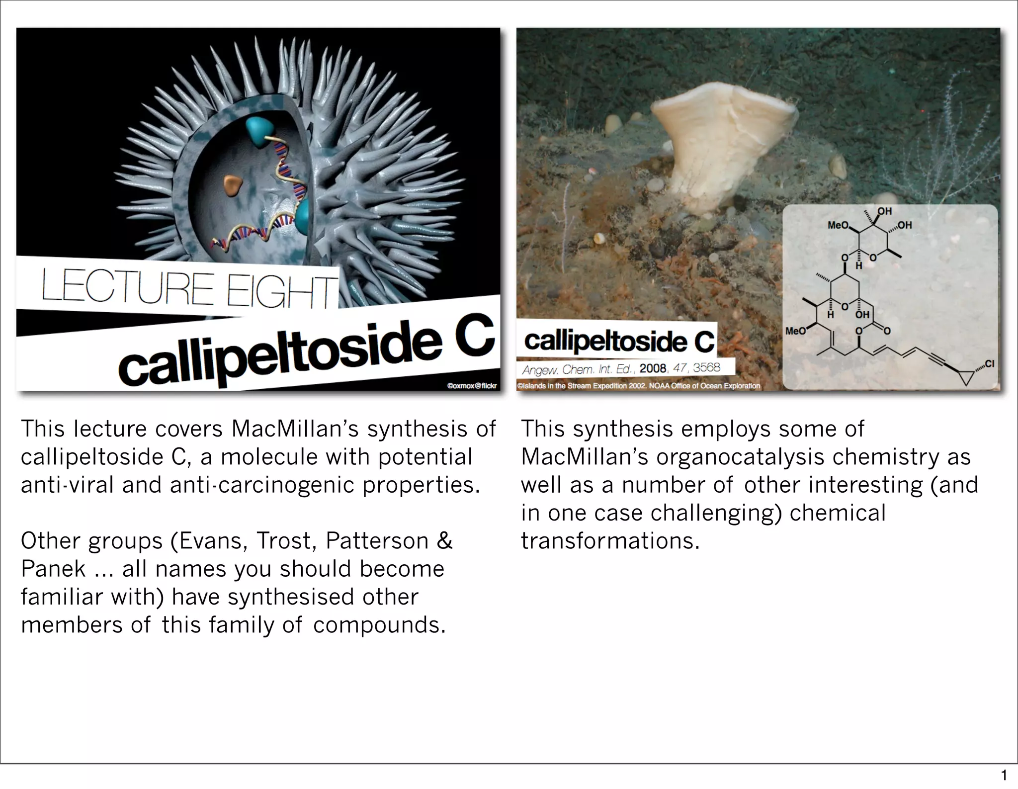 This lecture covers MacMillan’s synthesis of
callipeltoside C, a molecule with potential
anti-viral and anti-carcinogenic properties.
Other groups (Evans, Trost, Patterson &
Panek … all names you should become
familiar with) have synthesised other
members of this family of compounds.
This synthesis employs some of
MacMillan’s organocatalysis chemistry as
well as a number of other interesting (and
in one case challenging) chemical
transformations.
1
 